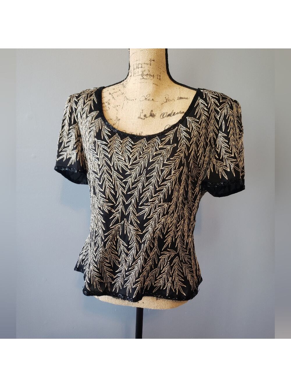 Papell Boutique Evening 100% Silk Gold Embroidered Short Sleeve Beaded Blouse XL